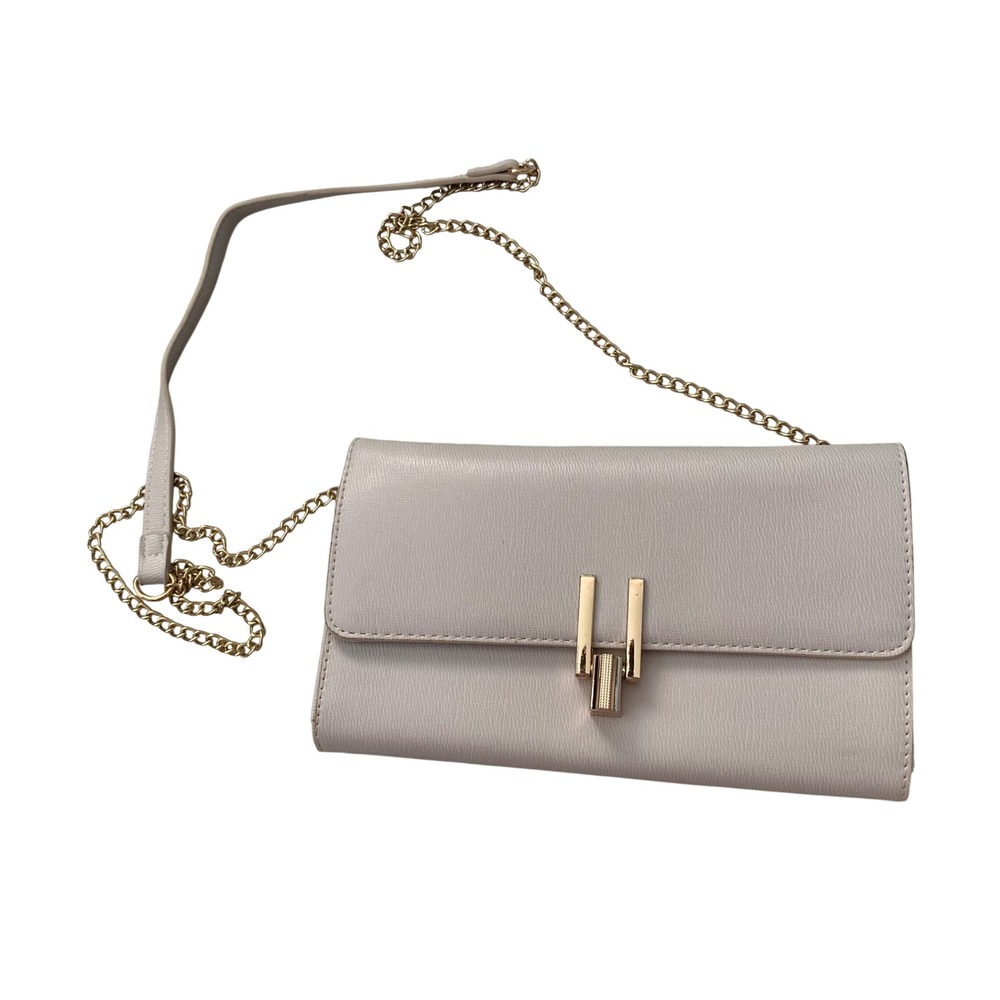 Light Grey Faux Leather Crossbody Wallet Bag Gold Chain Strap Turn-lock